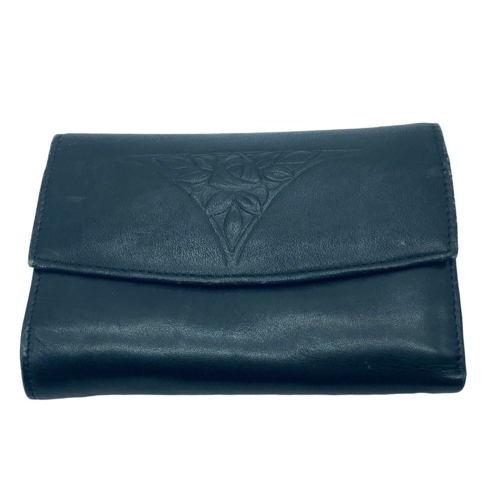 Vintage Women ROLFS Genuine Leather Black Leather Wallet Rose Embossed RARE‎